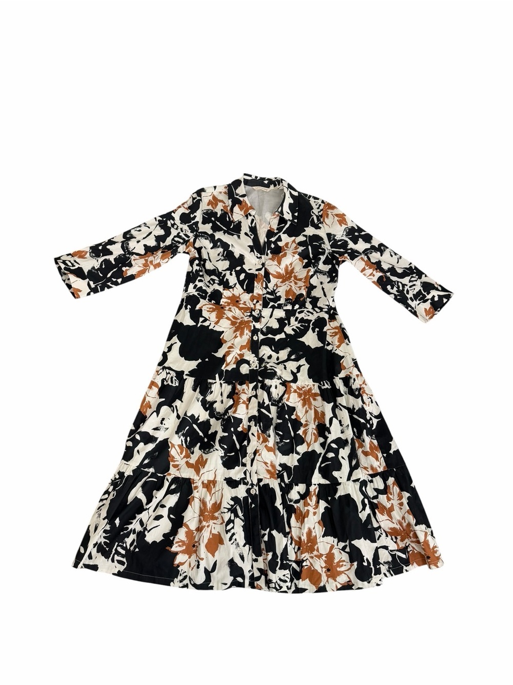 Soft Surroundings Moonglow Black White Tan Cotton Button Front Tea Midi Dress 14 - Picture 7 of 12